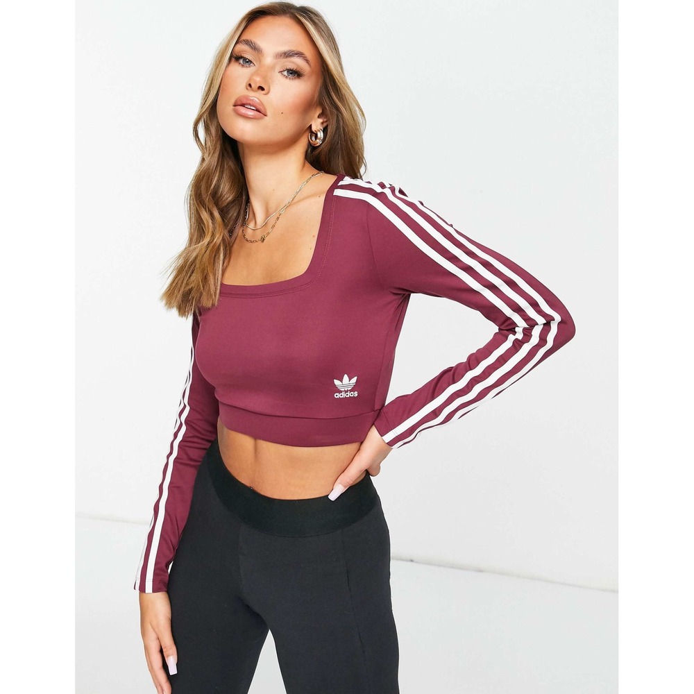 Adidas Originals Adicolor Three Stripe Long Sleeve Crop Top XS Square Neck NEW